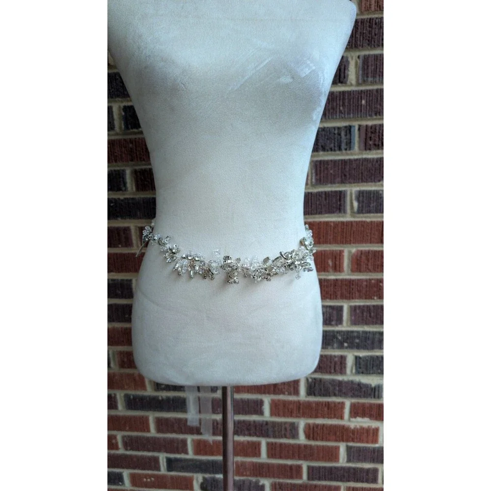 NWT Borrowed & Blue by Southern Living Silver Crystal Floral Bridal Sash Belt-OS